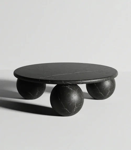 Black Nero Marquina marble coffee table with spherical legs